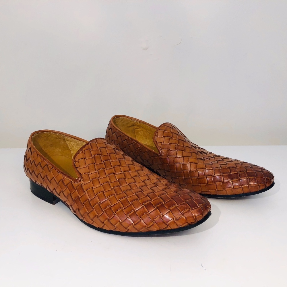 Unisex Tan Braided Leather Loafers Size 39